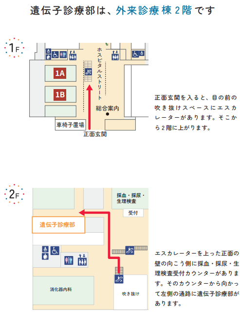院内マップ　遺伝子診療部は外来診療棟2階です