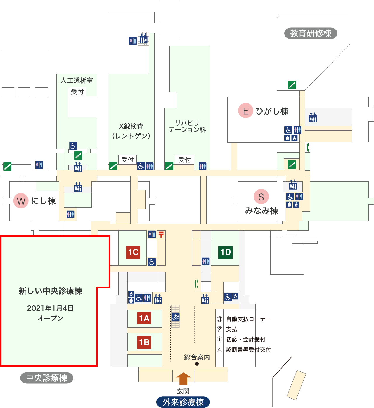 図：新しい中央診療棟を含む病院全体のフロア図