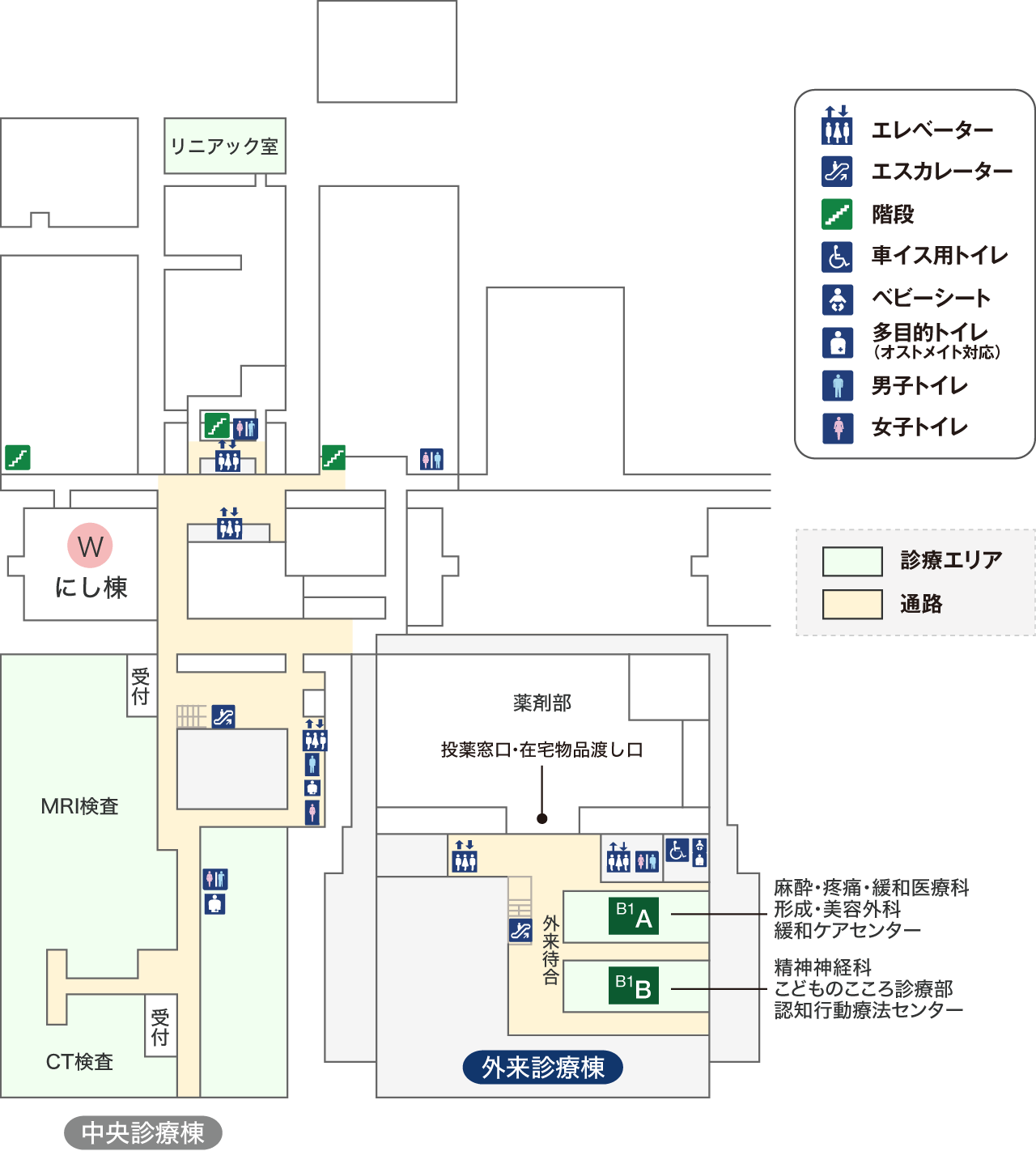 図：地下1階の診察エリアと検査エリアのフロア案内です。