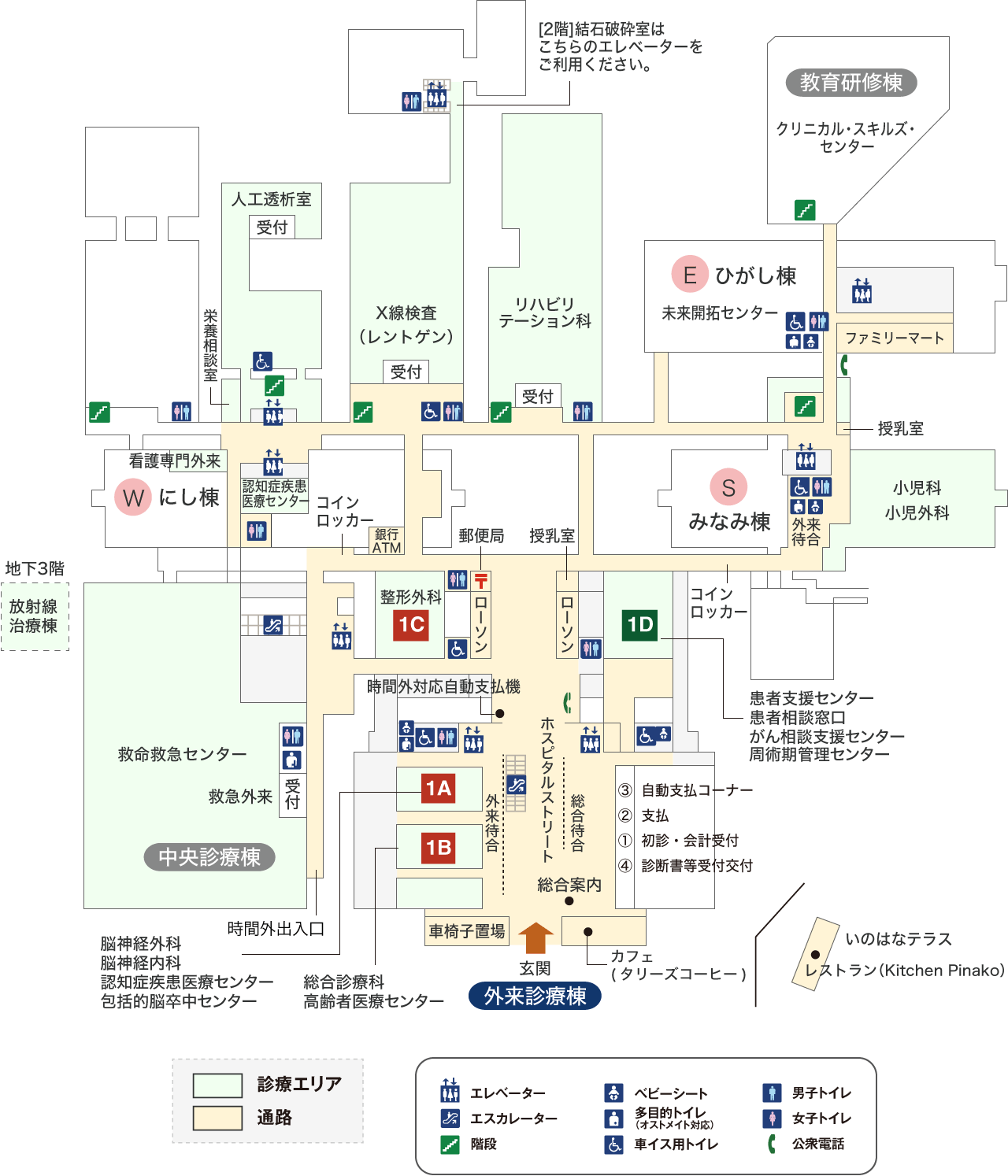 図:1階の診察エリアと検査エリアのフロア案内です。