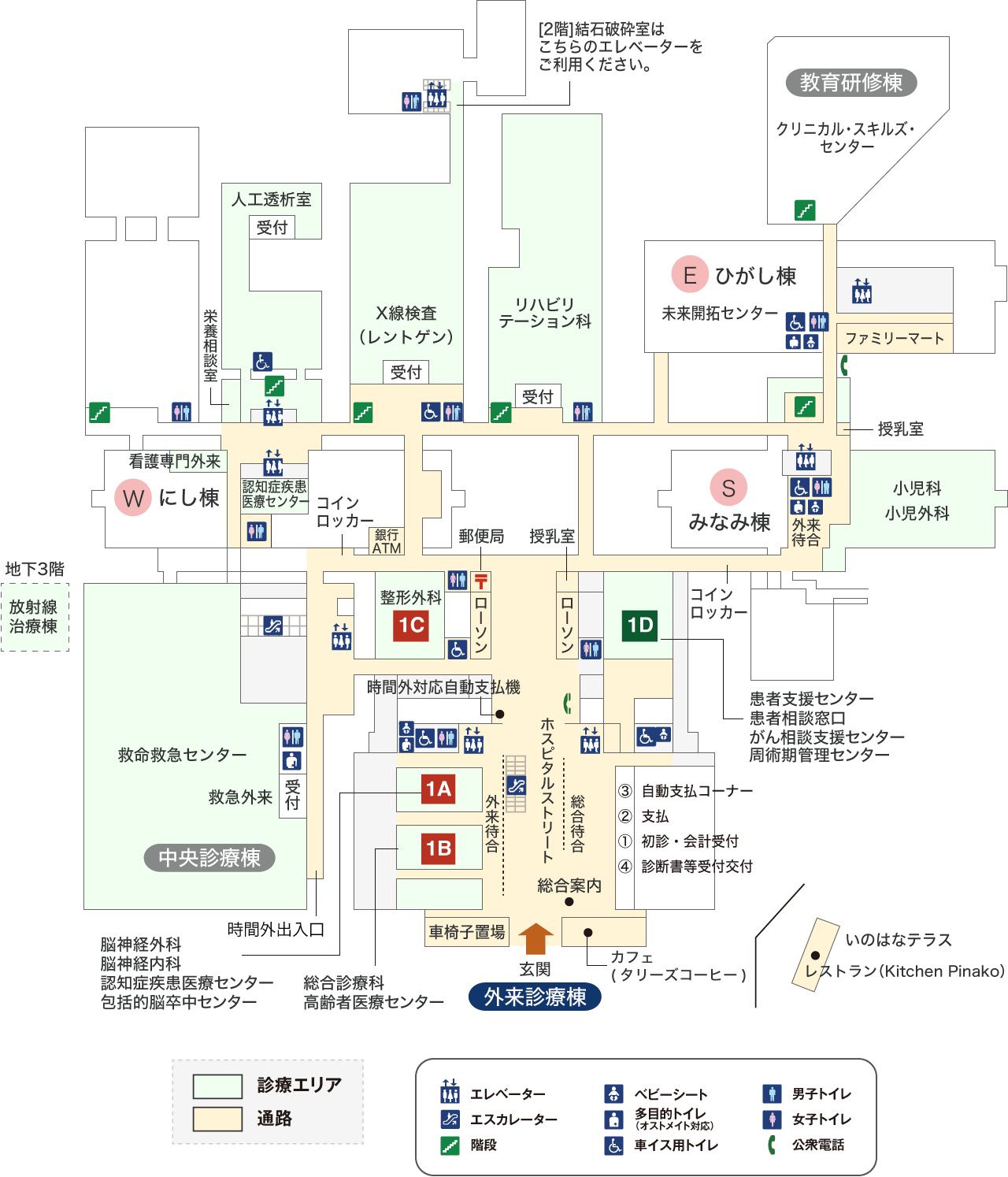 図：1階の診察エリアと検査エリアのフロア案内です。