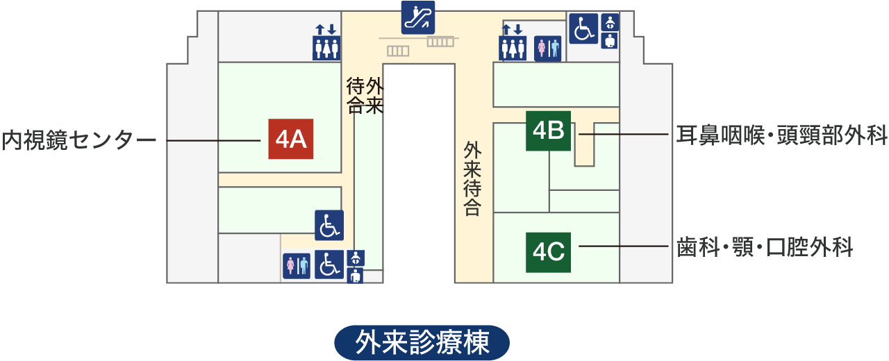 図：外来診療棟4階の診察エリアと検査エリアのフロア案内です。