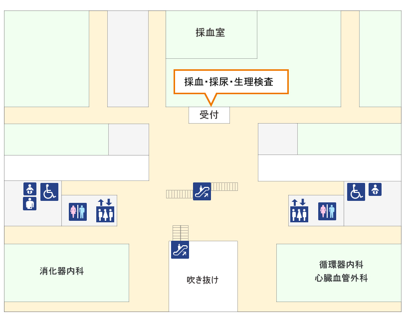 図：外来診療棟2階の検査受付窓口のフロア案内です。