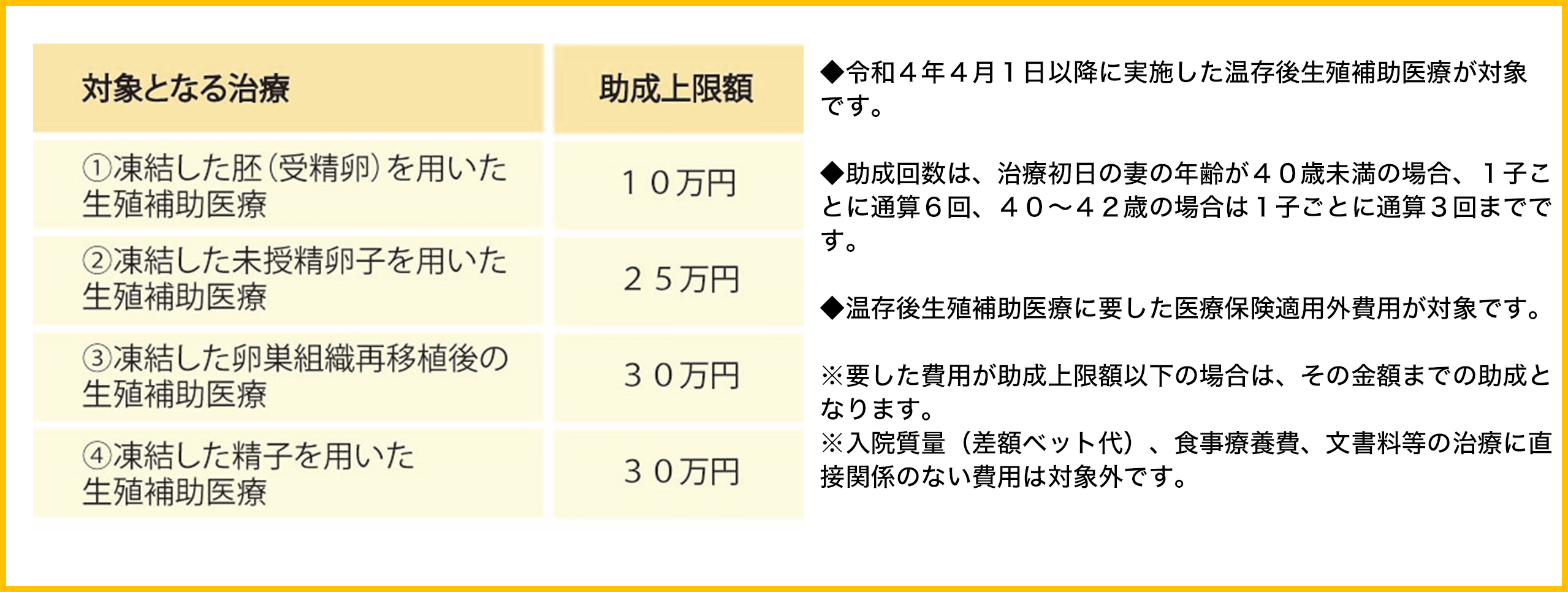 対象となる温存後生殖補助医療と助成上限額