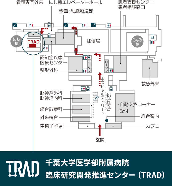 千葉大学医学部附属病院臨床研究開発推進センター（TRAD）のアクセスマップ